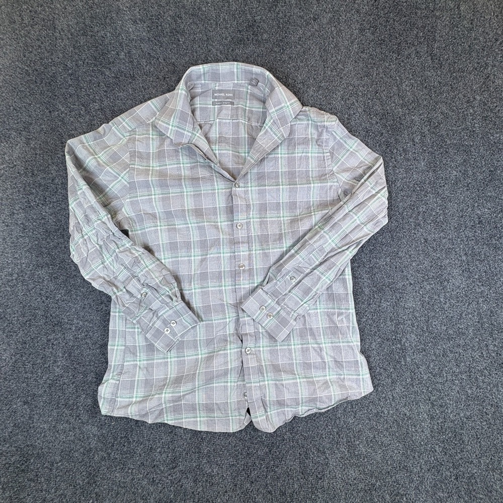 Michael Kors Dress Shirt Mens L 16.5 32/33 Gray Plaid Slim Fit Stretch Button Up
